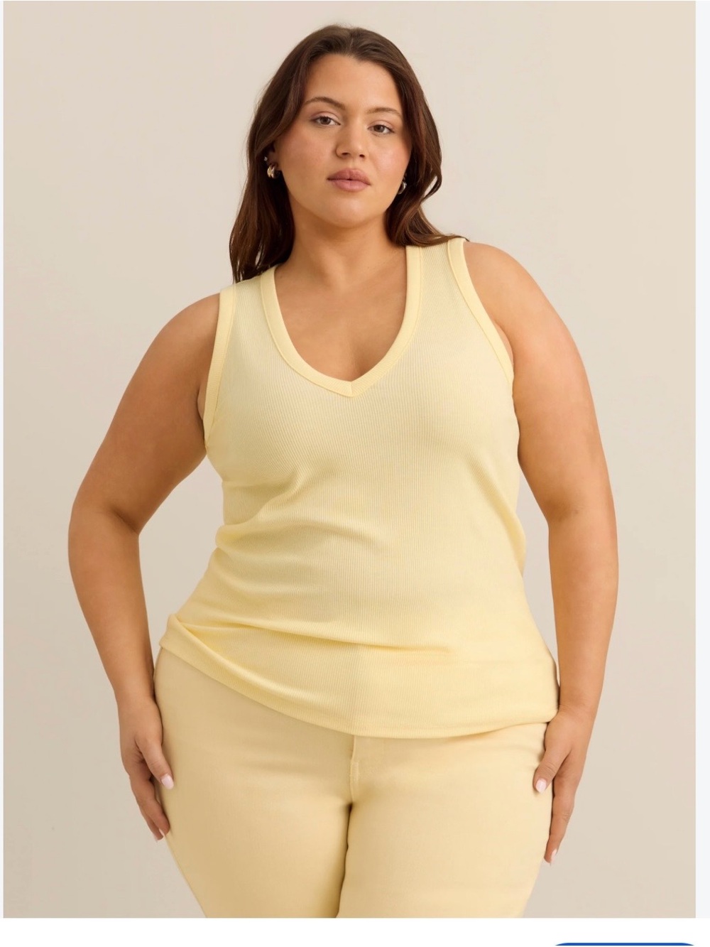 4X or 3X - Sleeveless V-Neck Ribbed Tank Top in Pale Yellow - Creme